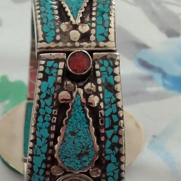 Turquoise and Coral Stone Tibetan Silver Bracelet - Picture 10 of 11